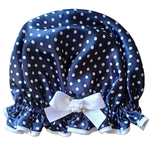 Dark Blue Polka Dot Shower Cap, Generously Sized - Blue Belle