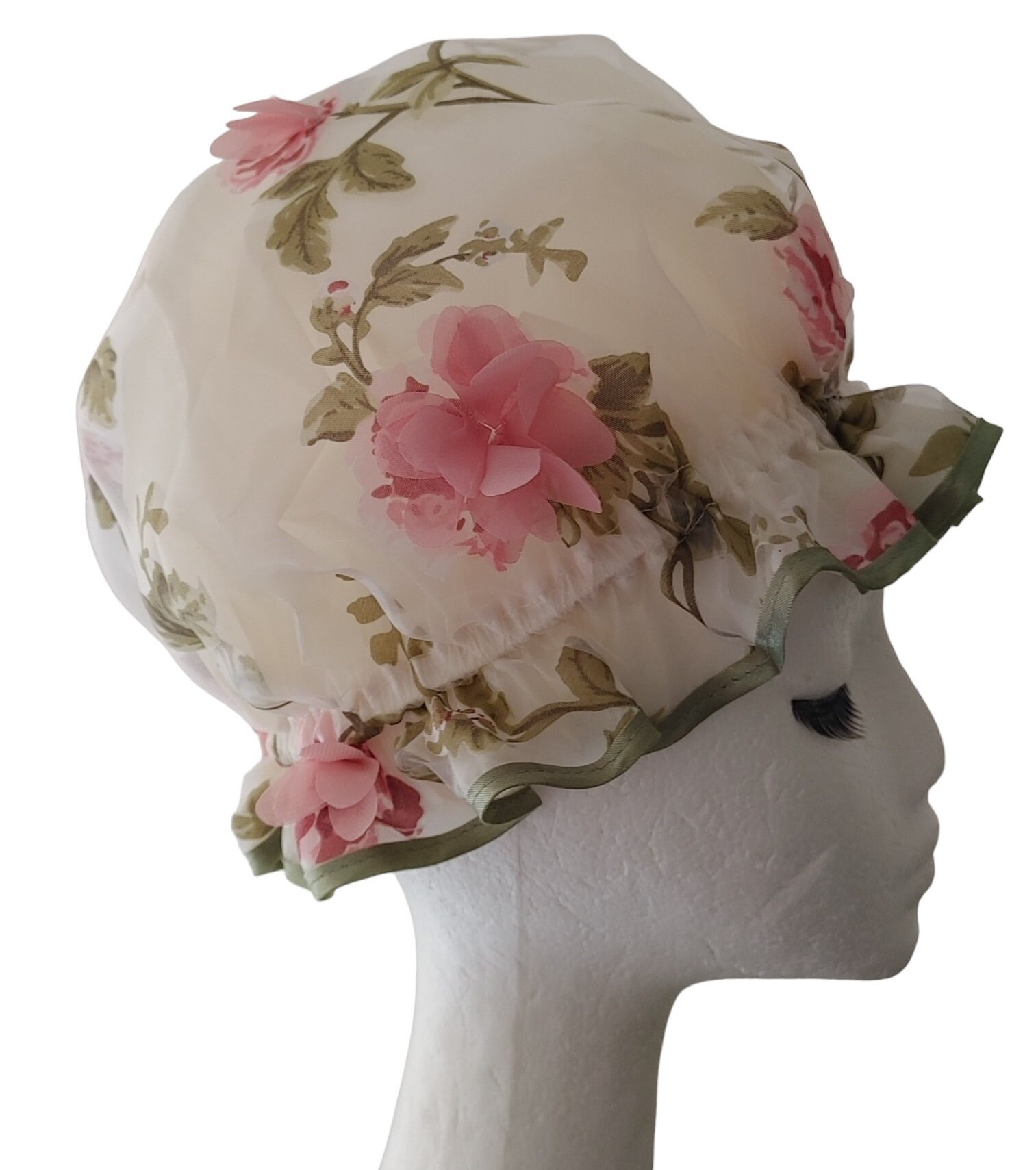 Vintage boudoir Pink Sheer Chiffon & Lace floral rose Bouffant Style Bath cap Vintage 1920s Pink Silk Ribbon White Filet Lace Bow Trim  main image 2