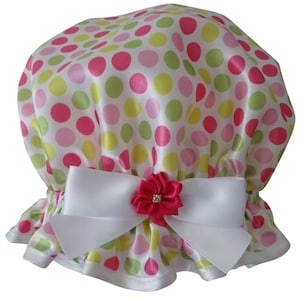 Gorro de ducha para niñas con lunares multicolor sobre fondo blanco - Confeti (para edades de 3 a 10 años)