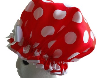 XL Shower Cap  (Extra Long, Dreads or Extra Thick Hair)  - MINNIE Red with White Polka Dots