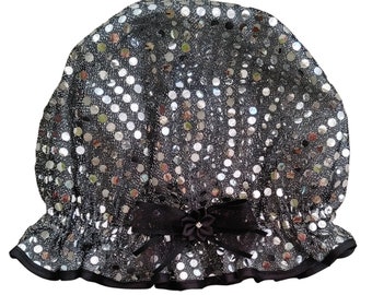 Ladies Glamour Shower Cap - Silver Black Sequin