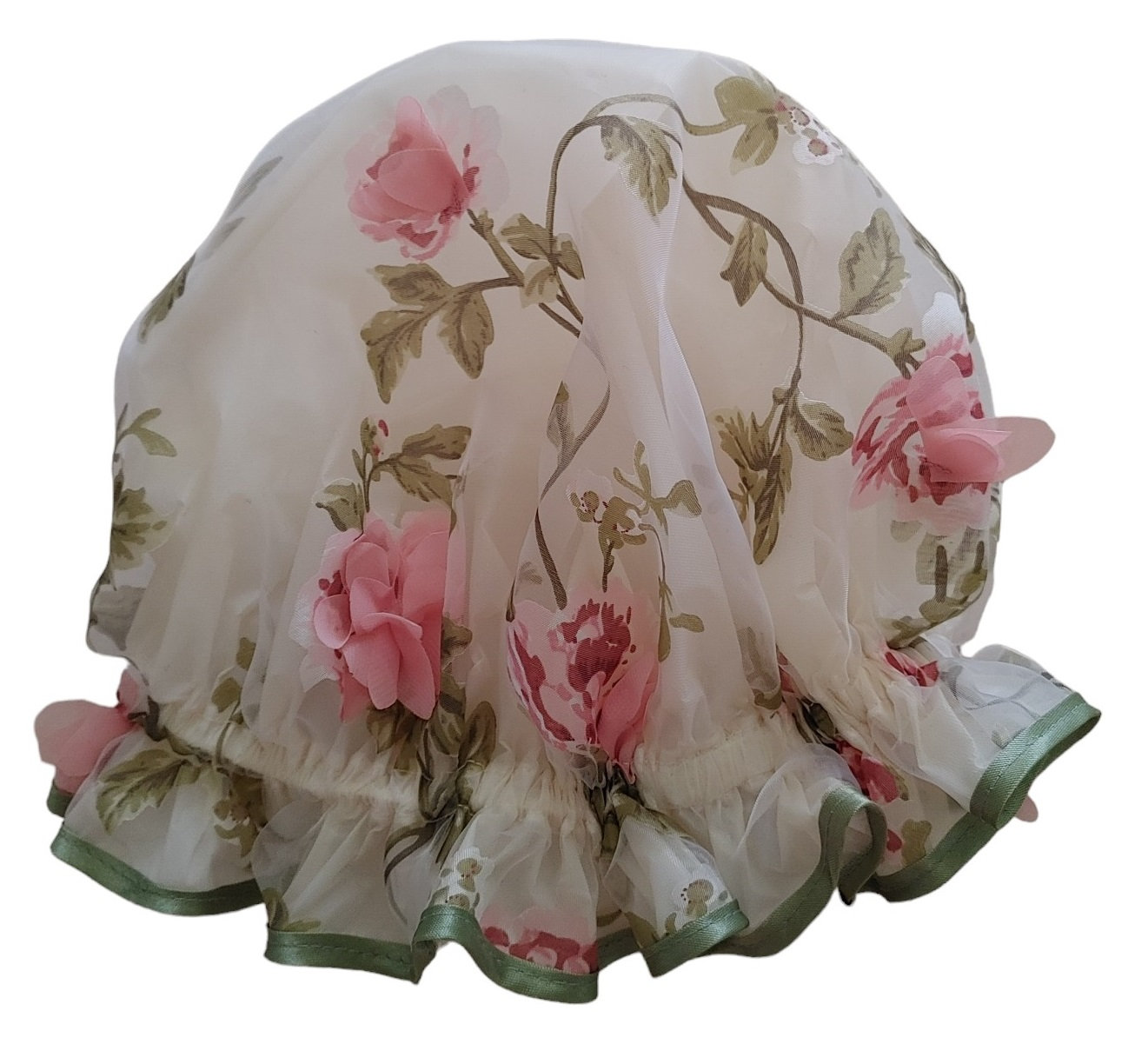 Vintage boudoir Pink Sheer Chiffon & Lace floral rose Bouffant Style Bath cap Vintage 1920s Pink Silk Ribbon White Filet Lace Bow Trim  main image 4
