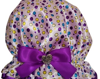 Gorro de ducha estilo bouffant con estampado de lunares para mujer - Fiesta púrpura
