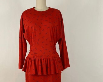 1980s Red Peplum Tie Back Dress • Size Medium 10/12