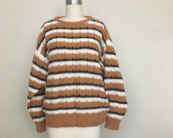 1970s Golden Brown Striped Acrylic Sweater by Nasharr • XL
