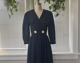 1980s Navy Blue Oversized Collar Dress by Bichon by Cynthia Howie Size 4