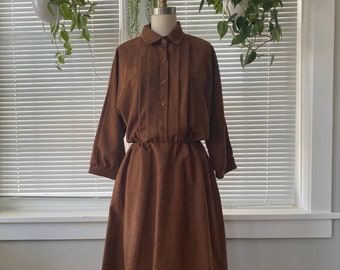 1980s Brown Faux Suede Shirtwaist Batwing Dress by baroness de Wayne Size 16 (Large)