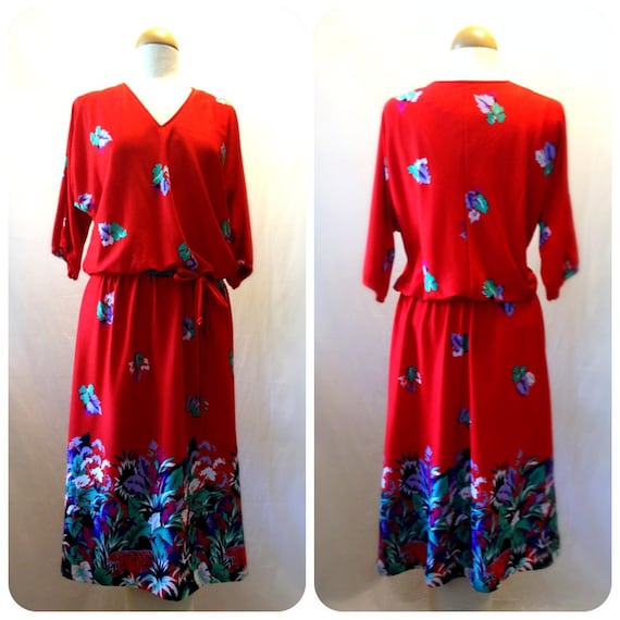 1970s Red Floral Dress by JCPenney Fashions • Siz… - image 1