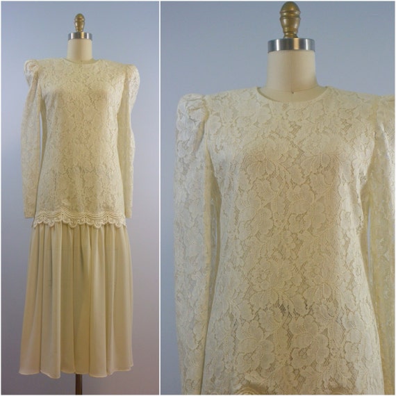 1970s 1980s Ivory Lace Drop Waist Dress by J. Ell… - image 1