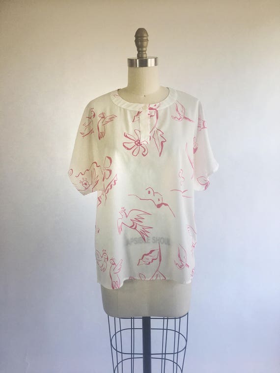 1980s Hot Pink Bird Print Pull On White Blouse by… - image 1