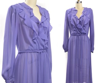 1970s Candied Violet Sheer Ruffled Crepe Dress By Jody California