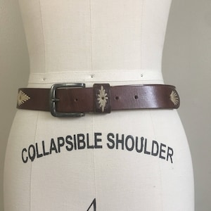 Brown Leather Diamond Stiched Belt with Brass Buckle Size Medium