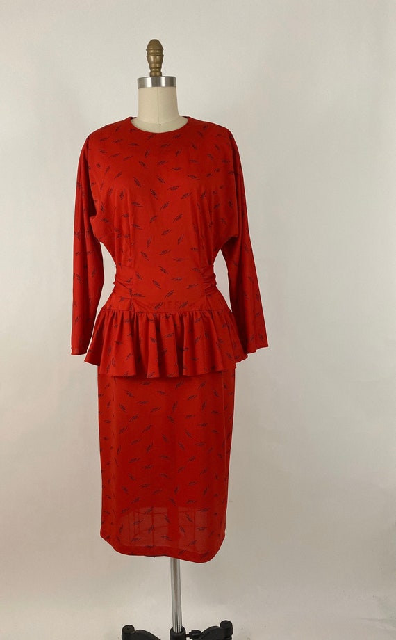 1980s Red Peplum Tie Back Dress • Size Medium 10/1