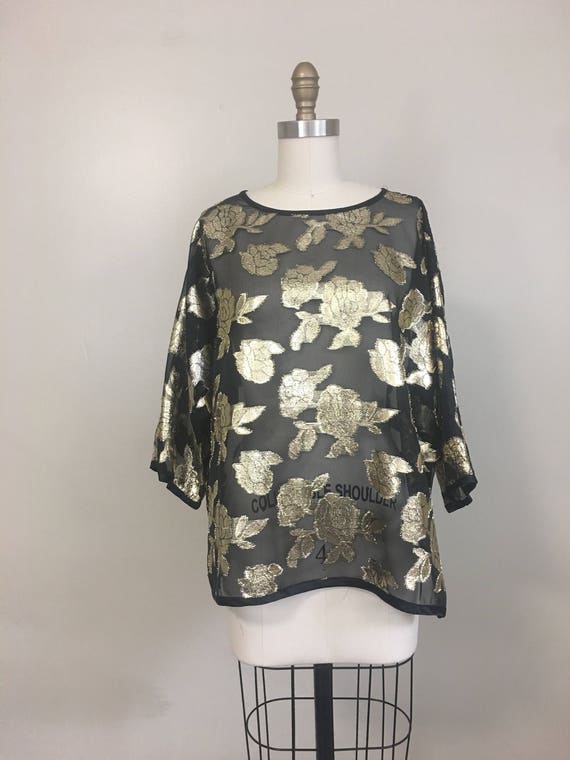 Vintage Sheer Black Gold Floral Embellished Top b… - image 1