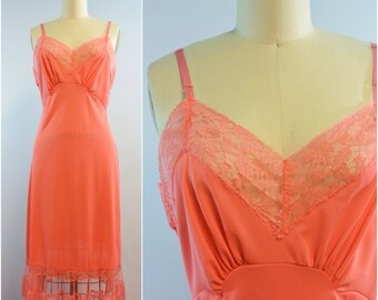 Coral Carters Lace Slip | 1940s 1950s Vintage Dupont Nylon Lingerie | Size 34