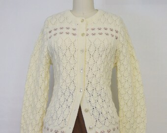 1960s Ivory Pointelle Knit Cardigan by Wintuk • Size Small