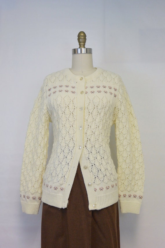 1960s Ivory Pointelle Knit Cardigan by Wintuk • Si