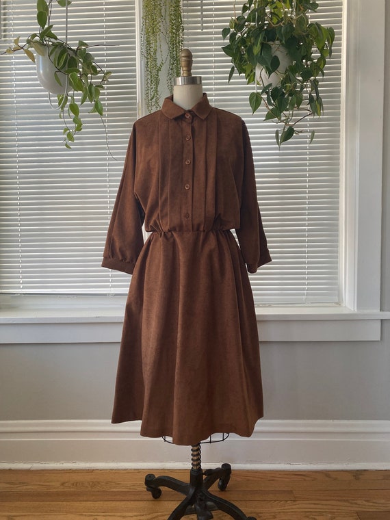 1980s Brown Faux Suede Shirtwaist Batwing Dress by