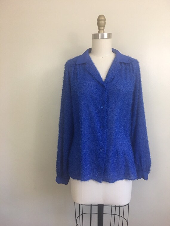 1970s 80s Royal Blue Fuzzy Eyelash Blouse by Empi… - image 2