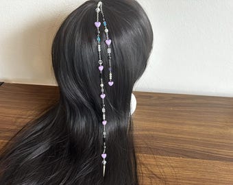 Purple heart Hair Chain w Pearls & Silver spikes, gothic jewelry, Cybercore