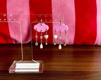 whimsical pink cloud earrings w beads & charms, ethereal jewelry, summer fairycore