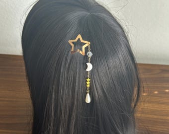 Gold Star clip w Moon & Star Beads, celestial jewelry, ethereal accessories, Dreamcore, whimsical hair clip