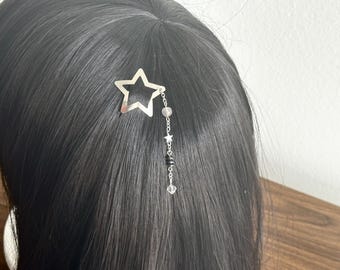 Silver Star Clip w crystal & Star Beads, celestial jewelry, ethereal hair accessories, gothic cybercore, whimsical hair pin