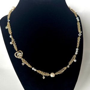 gold heart cable chain necklace, y2k heart necklace, costume jewelry, princesscore, gift for her, dainty pearl chain, crystal mixed bead