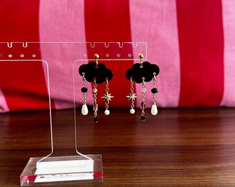 whimsical black cloud earrings w beads & charms, ethereal jewelry, summer fairycore, quirky gold studs