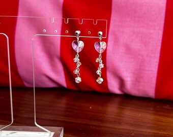 Pink Crystal Heart studs w silver chain, Valentine's Day, Romantic Jewelry, Coquette, Girly