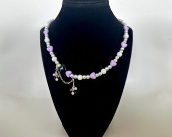 Pearl Beaded bracelet w black & purple heart charms, ethereal jewelry, silver necklace, fairycore jewelry
