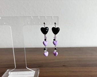 Black Heart Earrings w purple heart charms & cystals, silver studs, dark romantic jewelry