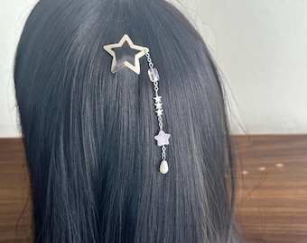 Silver Star Clip w pink crystal & Star Beads, celestial jewelry, ethereal hair accessories, gothic, whimsical hair pin