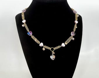 Pink Crystal Heart Choker, valentine's day, gold chain charm necklace, romantic jewelry, coquette