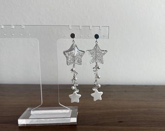 Sparkly Star Studs: Whimsical silver jewelry, pearl dangle earrings, ethereal accessories, coquette dreamcore,