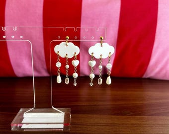 whimsical white cloud earrings w beads & charms, ethereal jewelry, summer fairycore, gold ivory studs