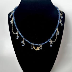 beaded goldfish charm necklace w blue iridescent beads & crystals, quirky statement chain, ocean, beachy boho summer jewelry, mermaid siren