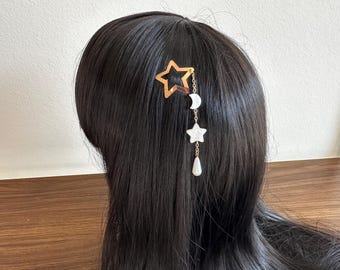 Gold Star Clip w Moon & Star Beads, celestial jewelry, ethereal accessories, princesscore, whimsical hair clip