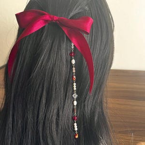 Fermaglio per capelli con nastro di raso rosso: fiocco per capelli con cristalli e perle, Coquette Princesscore, accessori natalizi, abito da festa