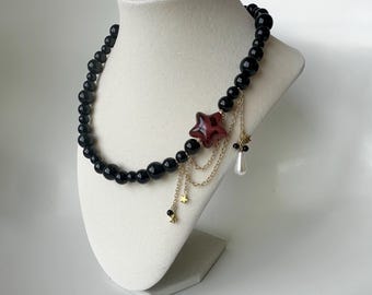 Black beaded necklace w cheetah star, pearl statement jewelry, whimsical accessories, gold stars, y2k