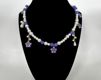 Purple Flower Choker: Pearl Lavender Necklace, Fairycore Jewelry