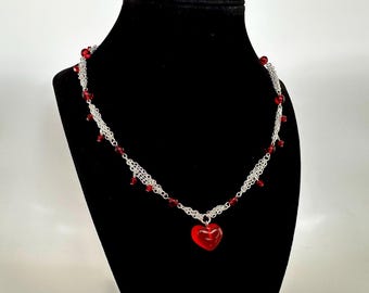 Red Heart Pendant Choker w silver chain & crystals, Valentine's Day Necklace, Romantic Jewelry, Medieval