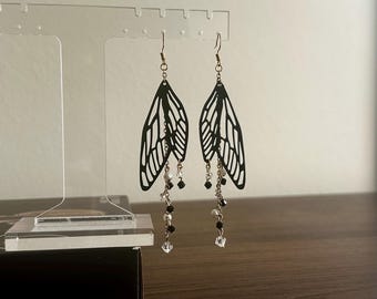 Black Butterfly Wing Earrings w Crystals, Whimsical jewelry, fairycore accessories, Romantasy