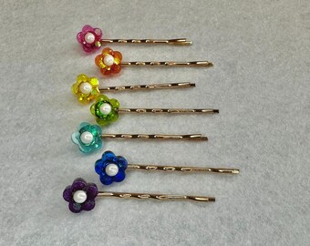 Set of 3 Glitter Rainbow Daisy Hairpins, ethereal floral accessories, whimsical summer