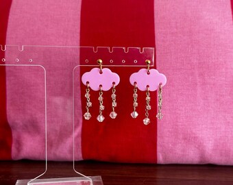 whimsical pink or blue cloud earrings w crystal beads, ethereal jewelry, summer fairycore