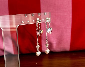 Pink Crystal Heart Stud Earrings, Silver Chain Dangle, Coquette Jewelry