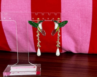 Green & Gold Hummingbird Pearl Studs, crystal dangle Earrings, fairycore enamel jewelry