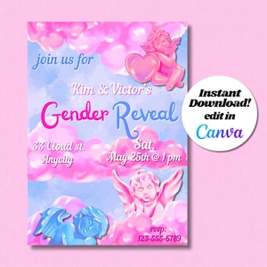 invito digitale con angeli rosa e blu con nuvole, baby shower, festa per rivelare il sesso del nascituro, annuncio di gravidanza, modello canva modificabile, compleanno del bambino