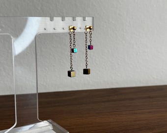 Iridescent Cube Dangle Earrings, retro jewelry, whimsical studs, 80s