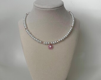 Pearl necklace w pink crystal beads & daisy charm, ethereal handmade jewelry, coquette accessories, dainty princess